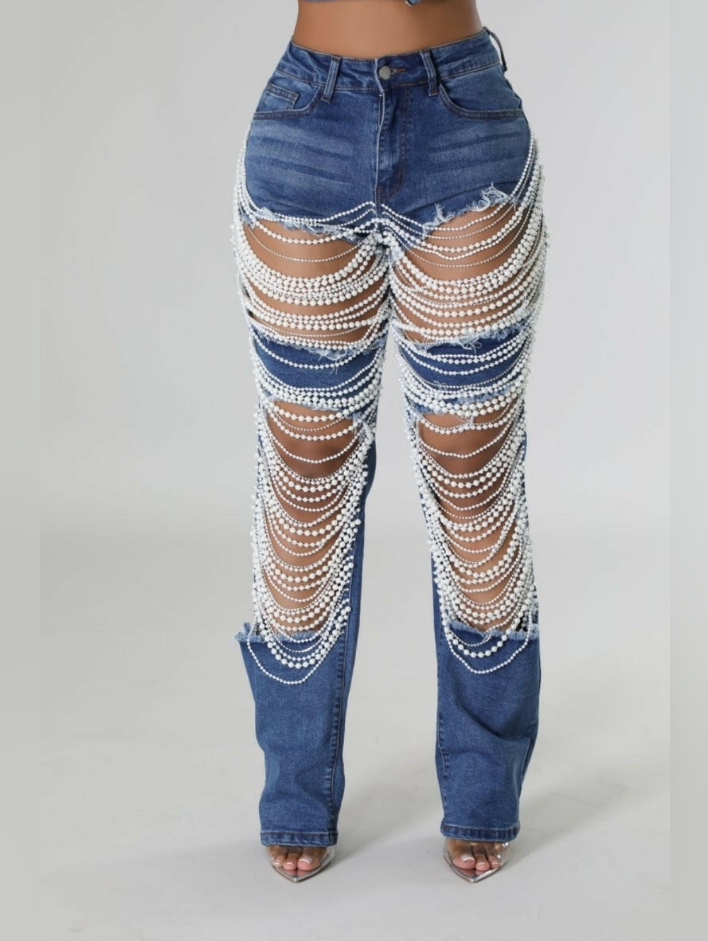 Women’s Blue Denim Jeans with Pearl Chain Detail